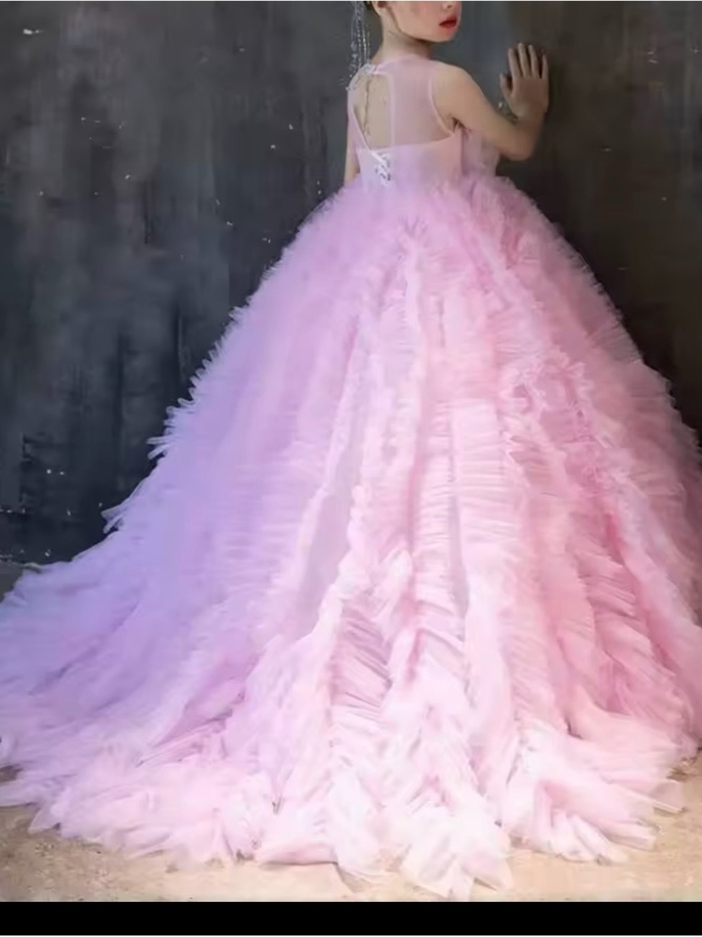Pink Ruffled Tulle Ball Gown with Rosette Waist - Picture 2 of 3
